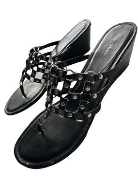 Kelly & Katie Black Leather Wedge Sandals Silver Studs Lattice Biker Size 10